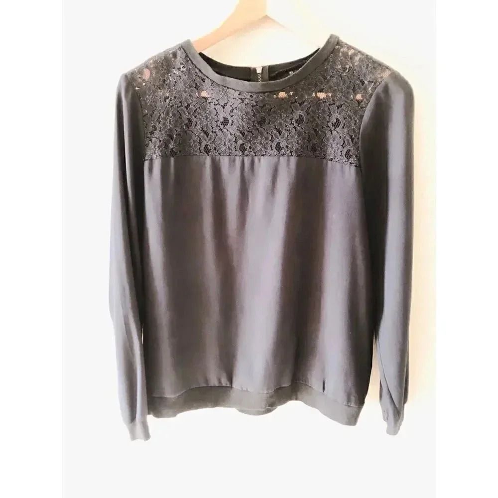 Ann Taylor Black Lace Long Sleeves Blouse Embroidered Lightweight SZ S